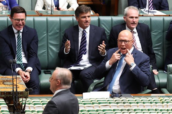 Opposition Leader Peter Dutton and Coalition frontbenchers feeling pleased with themselves during the final question time of the 47th parliament.