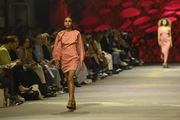 A model wears Clair Helen in the First Nations Fashion Design parade at Australian Fashion Week 2021.