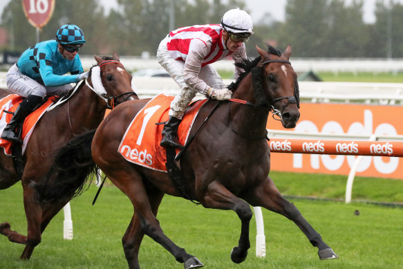 Mark Zahra rides Super Seth to victory in the Manfred Stakes at Caulfield.
