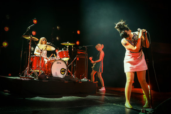 Kathleen Hanna on stage with Bikini Kill at the Hollywood Palladium in 2019.