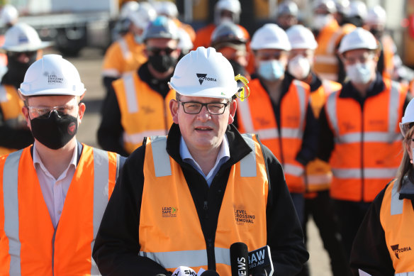 Daniel Andrews speaking to the media last month to announce the removal of the Edithvale level crossing.
