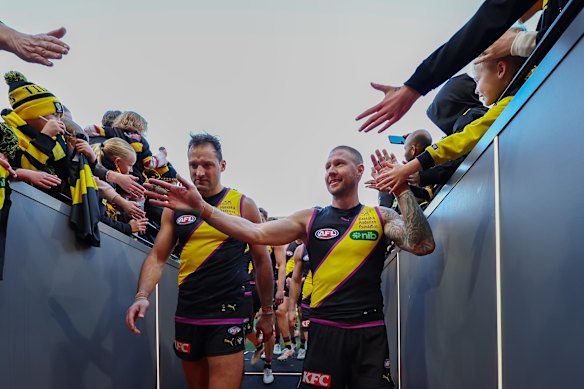 Richmond captain Toby Nankervis and Nathan Broad celebrated a rare win in 2026.