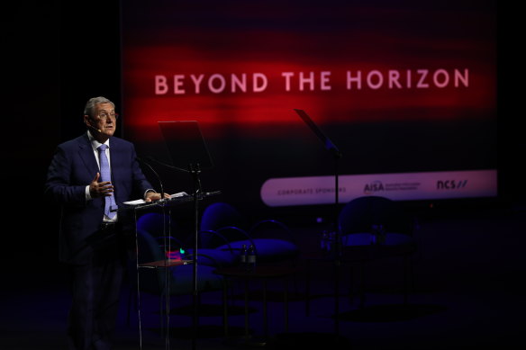 ASIC chair Joe Longo at an Australian Institute of Company Directors’ conference this month after announcing the regulator was suing AustralianSuper. 