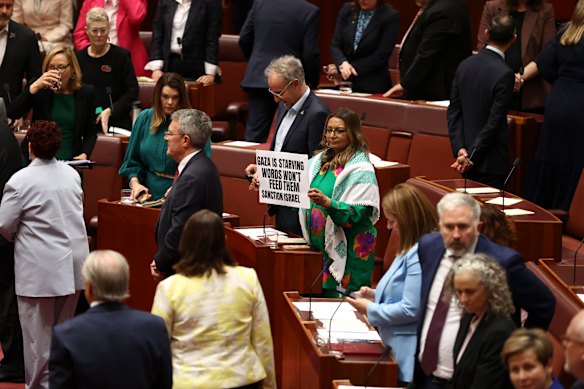 Greens deputy Mahreen Faruqi protests during the governor-general’s address. 