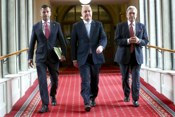 New Zealand Prime Minister Christopher Luxon (centre) with his coalition partners, NZ First leader Winston Peters (right) and ACT leader David Seymour in November.