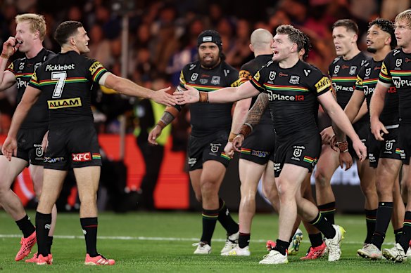Liam Martin and Nathan Cleary celebrate a Martin’s second try.