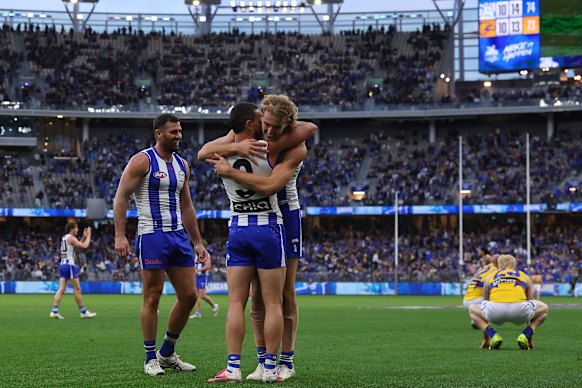 Jack Darling, Taylor Goode and Luke Davies of the Kangaroos are celebrating at Unique.