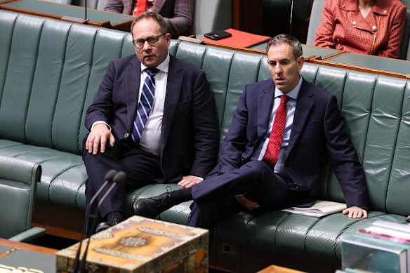 Assistant Treasurer Daniel Mulino and Treasurer Jim Chalmers in parliament last month. 