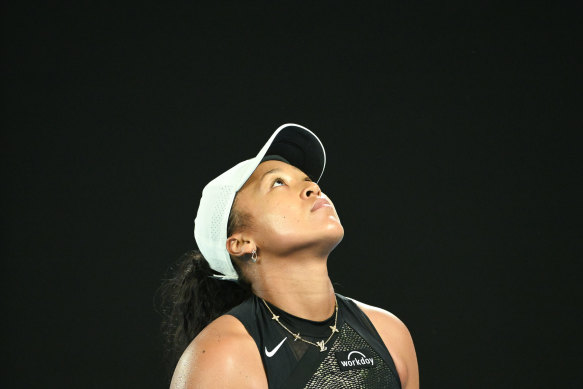 Naomi Osaka on court Monday night in her loss to Caroline Garcia.