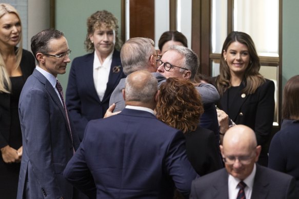 Prime Minister Anthony Albanese embraces former defence minister Joel Fitzgibbon, following a condolence motion for his son Lance Corporal Jack Fitzgibbon.