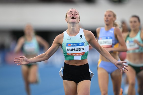 Claudia Hollingsworth winning at the Maurie Plant meet in Melbourne last month. On Saturday night she broke another under-20 record and qualified for the Paris Olympics   
