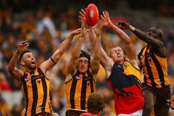 Jai Newcombe of the Hawks and Reilly O’Brien of the Crows compete for the footy.