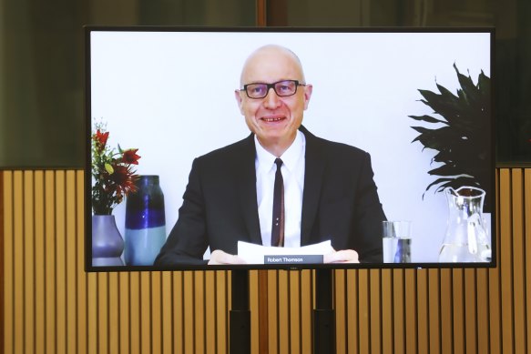 News Corp Australia’s Robert Thomson appears via videolink for the Senate hearing on media diversity.