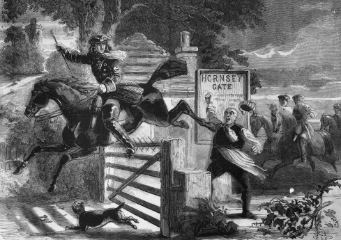 Circa 1735, English highwayman Dick Turpin clearing Hornsey Gate on his horse.