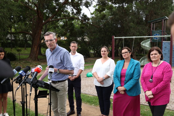 NSW Premier Dominic Perrottet with, from left, Liberal candidate for South Coast Luke Sikora,  Liberal candidate for Kiama Melanie Gibbons, NSW Minister for Education Sarah Mitchell, and retiring MP Shelley Hancock in Nowra on Monday.