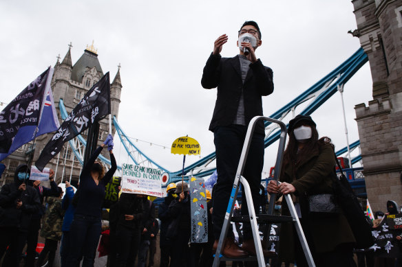 Exiled Hong Kong pro-democracy activist Nathan Law addresses a rally near Tower Bridge, London, in October.
