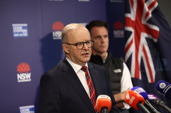 Prime Minister Anthony Albanese with NSW Premier Chris Minns at the press conference held after the attack on the Maroubra childcare centre on Tuesday. 