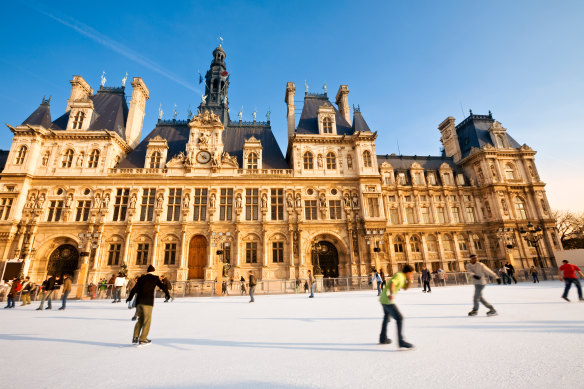 Paris Town Hall: ice-skating rinks appear across the city during winter.