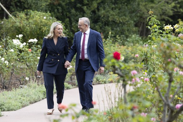 Jodie Haydon and Prime Minister Anthony Albanese after telling the media of their engagement at The Lodge on Thursday. 