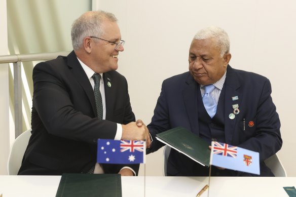 Prime Minister Scott Morrison and Prime Minister of Fiji Frank Bainimarama after a roundtable meeting with Pacific leaders at COP26 in Glasgow.