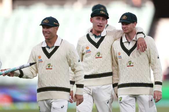 Steve Smith (right) David Warner  (left)  and Marnus Labuschagne are the only specialist Test batsmen to earn contracts.