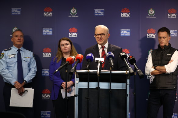Prime Minister Anthony Albanese at a joint press conference with NSW Premier Chris Minns on Tuesday.
