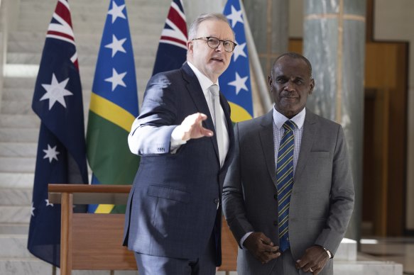 Jeremiah Manele and Anthony Albanese during a joint press conference at Parliament House.