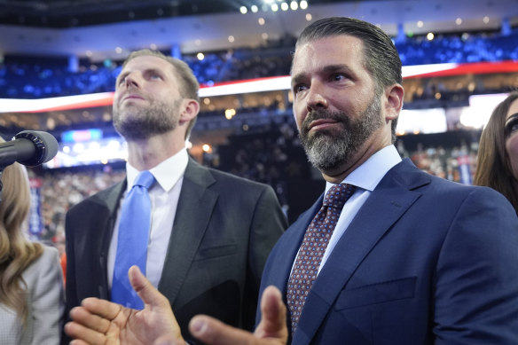 The involvement of Eric Trump (left) and Donald Trump Jr in Dominari follows a lucrative pattern – joining a small  company as advisers and watching the value of their shares pop.