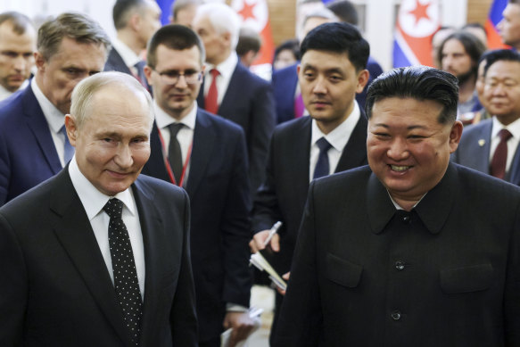 Vladimir Putin and Kim Jong-un in Pyongyang, North Korea, last year.