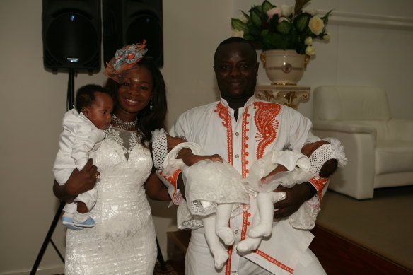 Philomina Amankwaa and her late husband Patrick with the triplets as babies.
