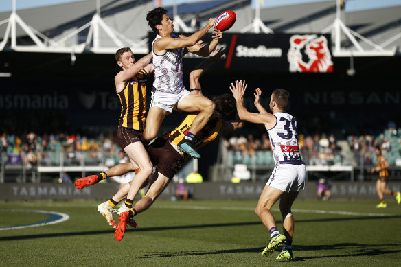 Action in Launceston between the Hawks and Dockers last month.