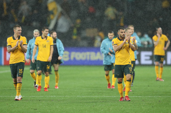 Mitchell Duke and Andrew Nabbout after the Socceroos’ stalemate with Saudi Arabia last month.