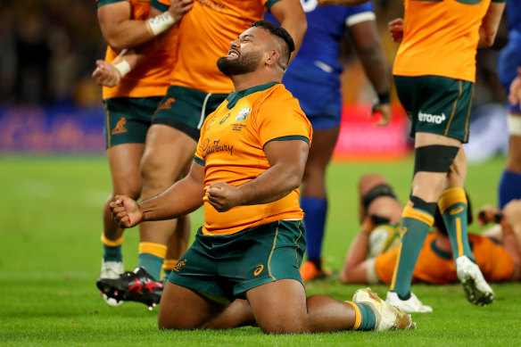Taniela Tupou of the Wallabies celebrates victory.