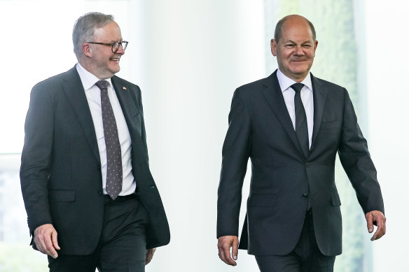 German Chancellor Olaf Scholz and  Prime Minister Anthony Albanese attend a joint press conference following talks at the Chancellery in Berlin, Germany.