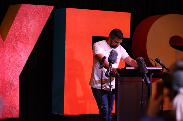 Yes23 campaign director Dean Parkin speaks at the Wests Ashfield Leagues Club in Sydney on Saturday night.