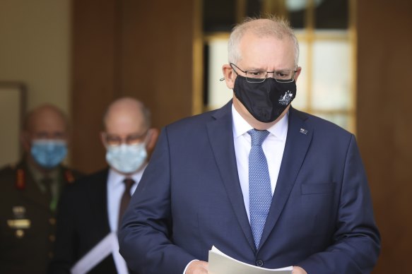 Prime Minister Scott Morrison arriving for this morning’s press conference. 