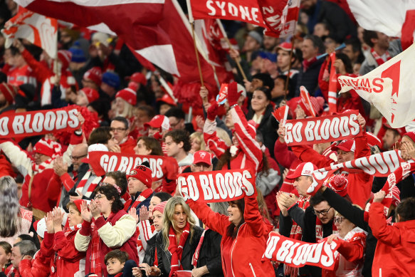 Swans fans decked out in team gear during the AFL second qualifying final between the Swans and the Demons at the MCG this month.