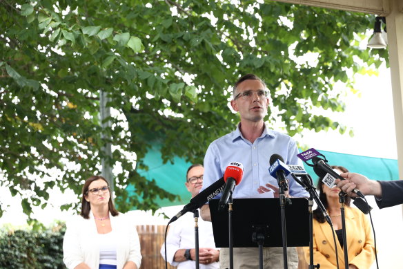 Premier Dominic Perrottet spoke alongside Education Minister Sarah Mitchell in Narellan.