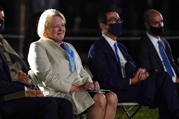 Virginia “Ginni” Thomas, wife of Supreme Court Justice Clarence Thomas, arrives to watch Amy Coney Barrett take the Constitutional Oath on the South Lawn of the White House in Washington in 2020. 