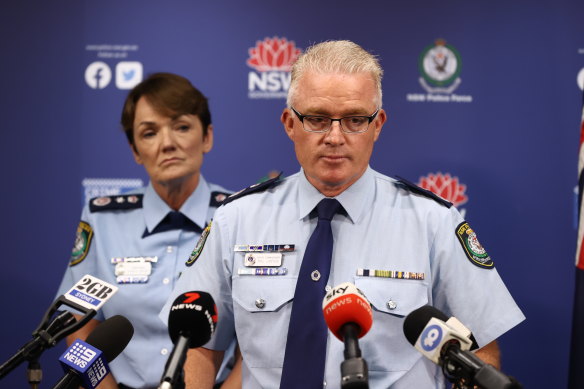 NSW Police Force Commissioner Karen Webb and Metropolitan Field Operations Deputy Commissioner Mal Lanyon address the media.