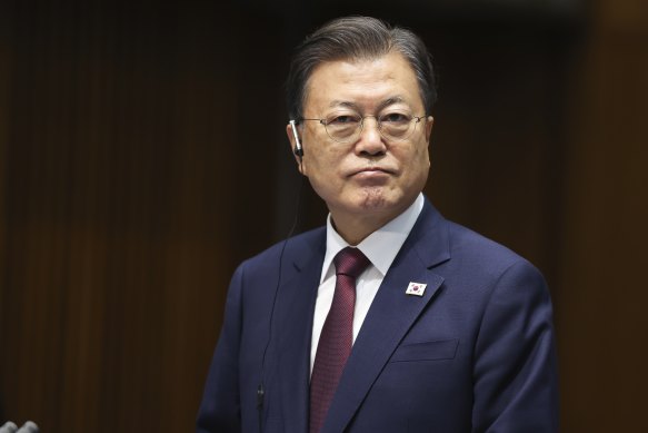 South Korean President Moon Jae-in addresses the media during a state visit to Australia.