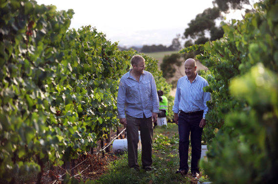 Tolpuddle Vineyard co-owner Martin Shaw, right, with senior winemaker Adam Wadewitz.