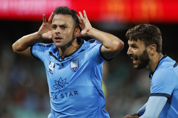 Sydney FC star Bobo celebrates after scoring against Western Sydney at the SCG on Sunday.