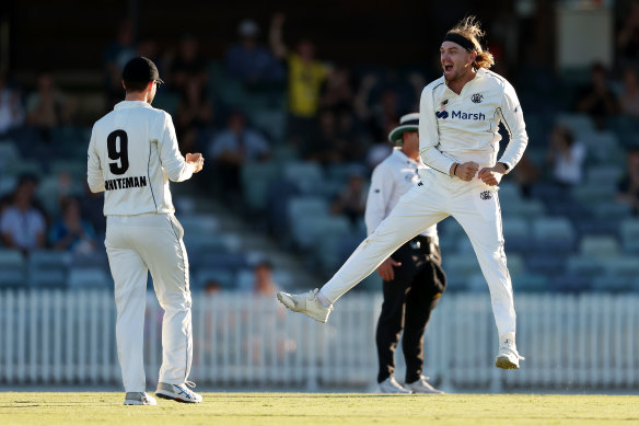 Corey Rocchiccioli celebrates taking the wicket of Gabe Bell during day four of the Sheffield Shield Final match at the WACA on Sunday.