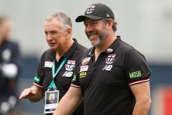 Ernie Merrick, left, has been helping Brett Ratten at St Kilda.