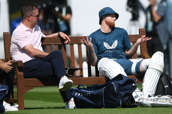 Ben Stokes (right) with Rob Key, the director of England Cricket, in the nets at Edgbaston ahead of the first Ashes Test.