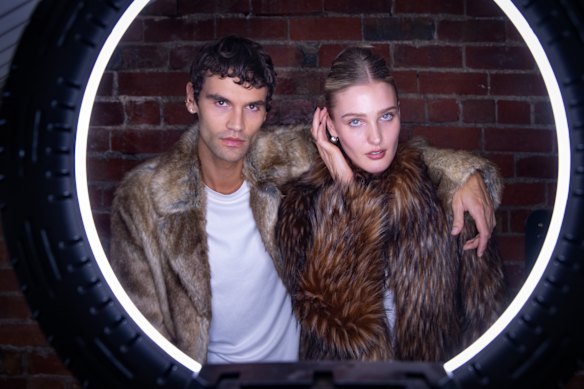 Jack Tuftie and Bridget McFarlane modeling pieces from Melbourne label UnReal Fur.