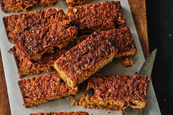 Coconut and sour-cherry flapjacks.