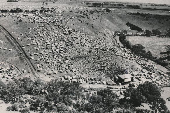 An aerial view of the tent city at the Nook for the Sunbury Pop Festival 1974. 