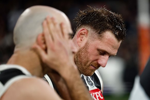 What might have been: Tim Membrey’s shot on goal after the siren went just wide in what became Steele Sidebottom’s final game for Collingwood.